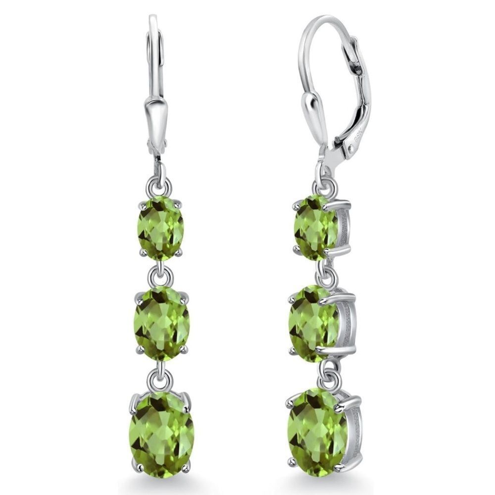 925 Sterling Silver with 5.64 Cttw 3 Stone Peridot Dangling Leverback Earrings